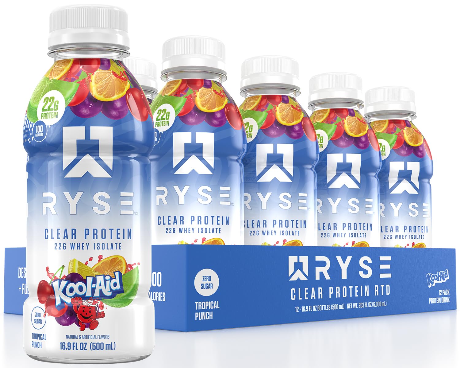 RYSE Clear Whey Isolate Protein Shake, Kool-Aid Tropical Punch Flavor, 100 Calories, 22g Protein, Sugar Free, 0g Fat, Lactose Free - 12 Pack of 16.9 fl oz Bottles - BoostGo Australia