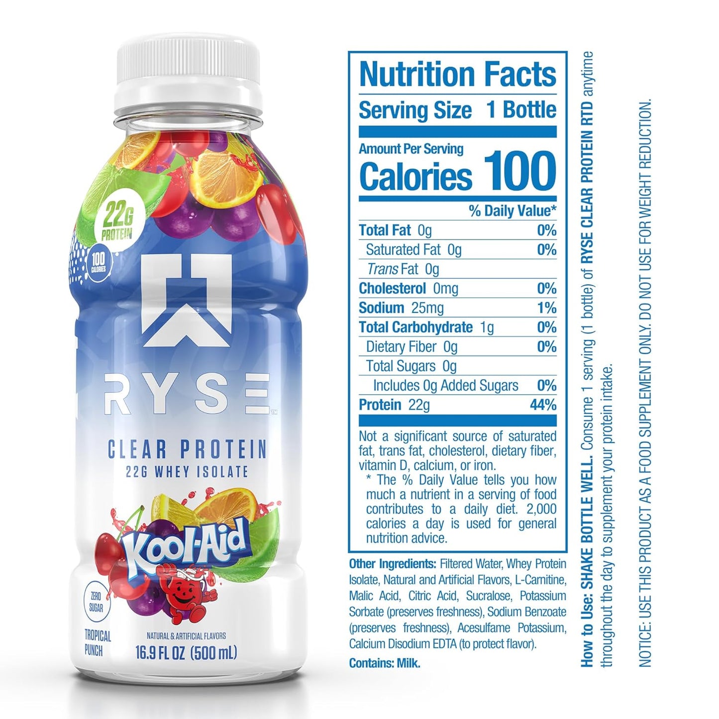 RYSE Clear Whey Isolate Protein Shake, Kool-Aid Tropical Punch Flavor, 100 Calories, 22g Protein, Sugar Free, 0g Fat, Lactose Free - 12 Pack of 16.9 fl oz Bottles - BoostGo Australia