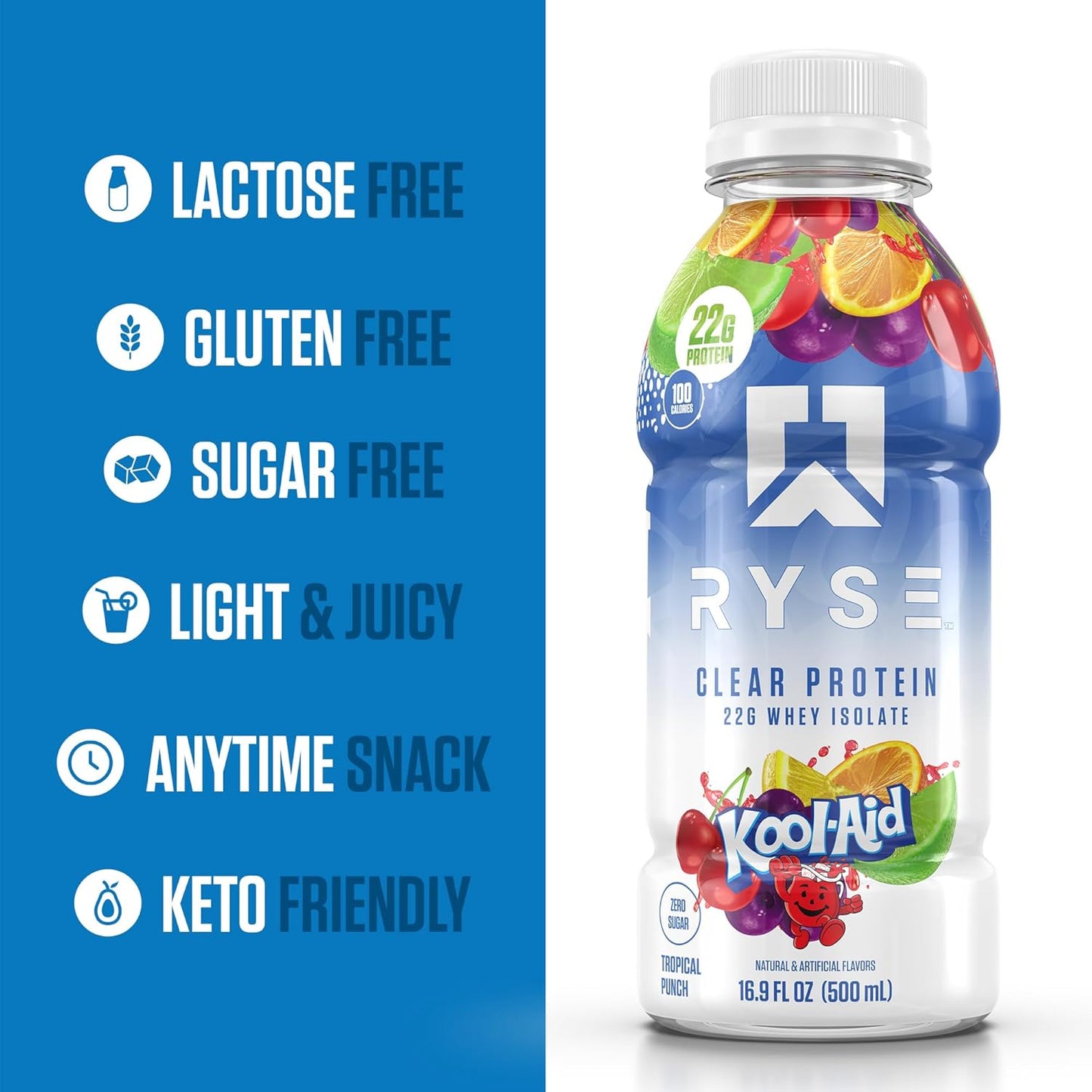RYSE Clear Whey Isolate Protein Shake, Kool-Aid Tropical Punch Flavor, 100 Calories, 22g Protein, Sugar Free, 0g Fat, Lactose Free - 12 Pack of 16.9 fl oz Bottles - BoostGo Australia