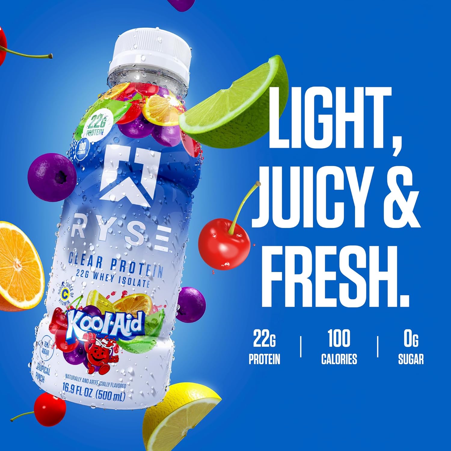 RYSE Clear Whey Isolate Protein Shake, Kool-Aid Tropical Punch Flavor, 100 Calories, 22g Protein, Sugar Free, 0g Fat, Lactose Free - 12 Pack of 16.9 fl oz Bottles - BoostGo Australia
