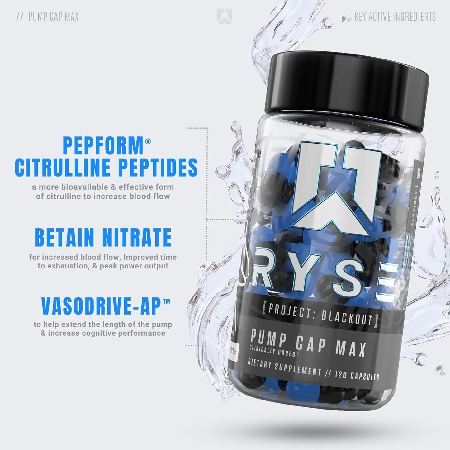 RYSE Project: Blackout Pump Cap Max - Stimulant Free Formula for Max Muscular Blood Flow - 120 Capsules