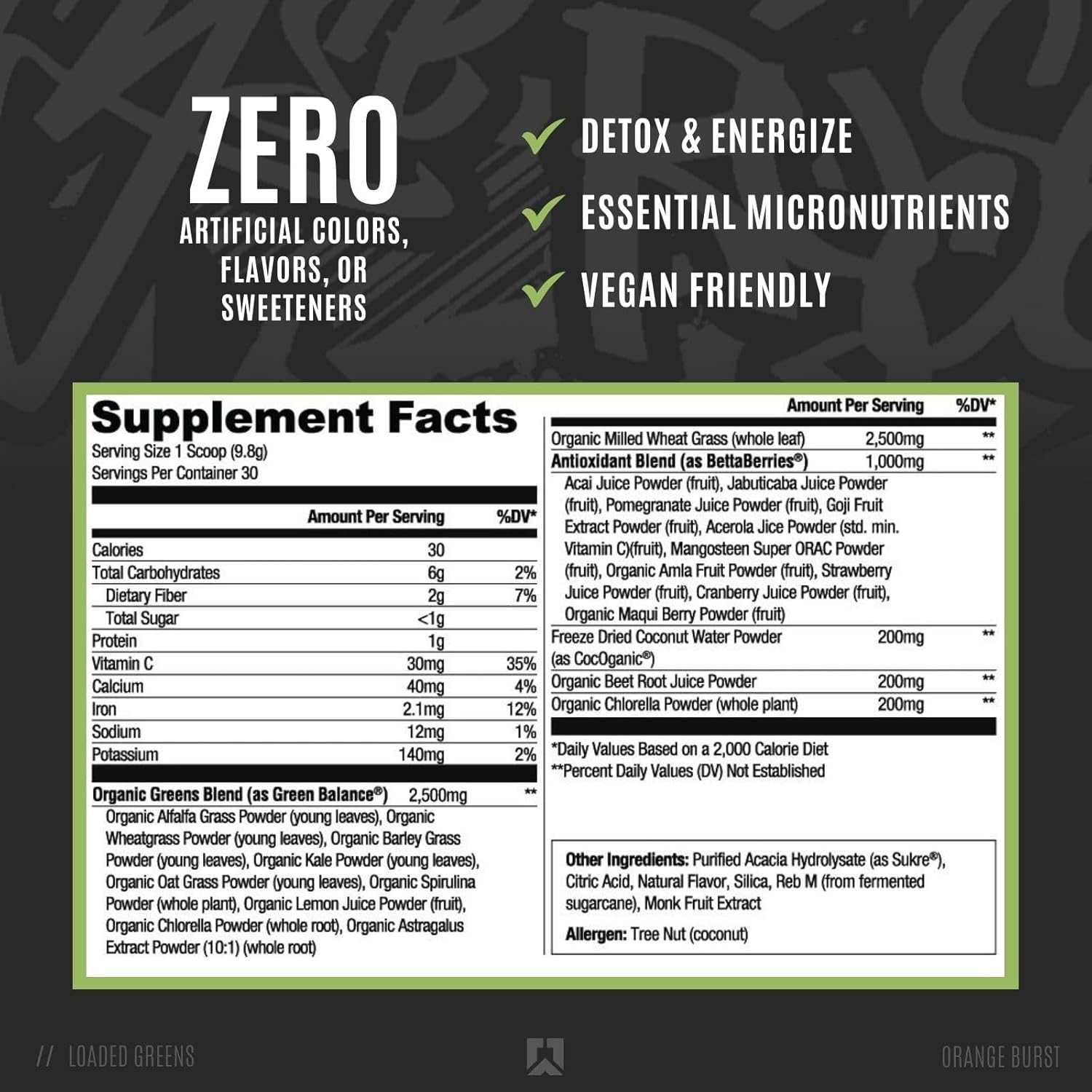 RYSE Up Loaded Greens Orange Burst Supplements - 30 Servings