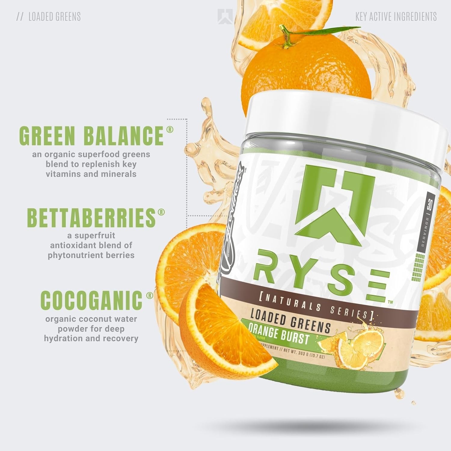 RYSE Up Loaded Greens Orange Burst Supplements - 30 Servings