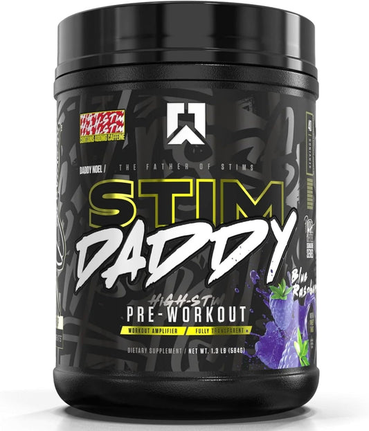 RYSE Up Supplements Stim Daddy Pre Workout - High Stimulant Formula with 400mg Caffeine - Blue Raspberry Flavor - 40 Servings