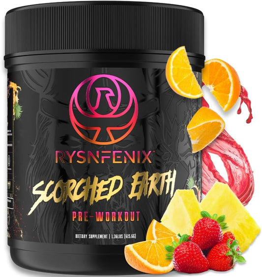 RysnFenix Scorched Earth Pre Workout Powder - Tropical Punch Flavor for Enhanced Energy and Focus, Dual-Source Caffeine and Nootropics Formula