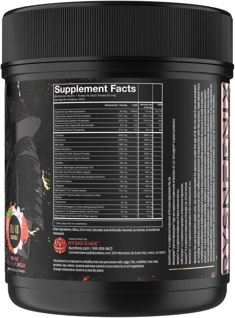 RysnFenix Strawberry Pre Workout Powder with Dual-Source Caffeine and Nootropics for Energy and Focus