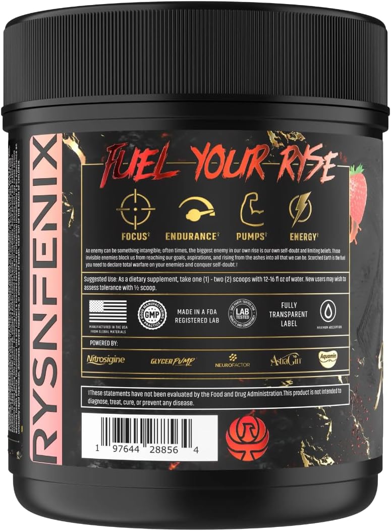 RysnFenix Strawberry Pre Workout Powder with Dual-Source Caffeine and Nootropics for Energy and Focus