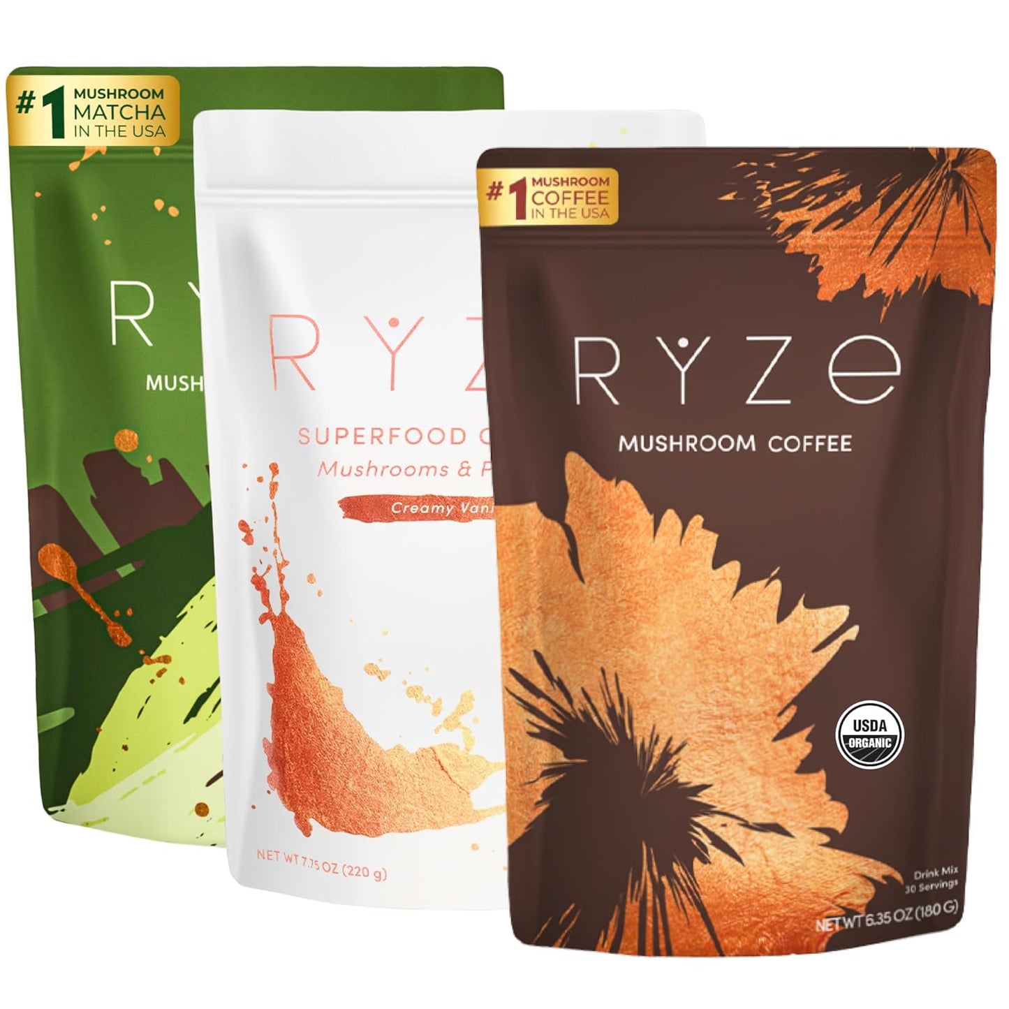 RYZE SUPERFOODS Ultimate Energy Bundle with Mushroom Coffee, Matcha, and Probiotic Creamer | 6 Adaptogenic Mushrooms | USDA Organic | USA Grown | Improved Energy, Focus, Digestion, Immunity | 60 servings