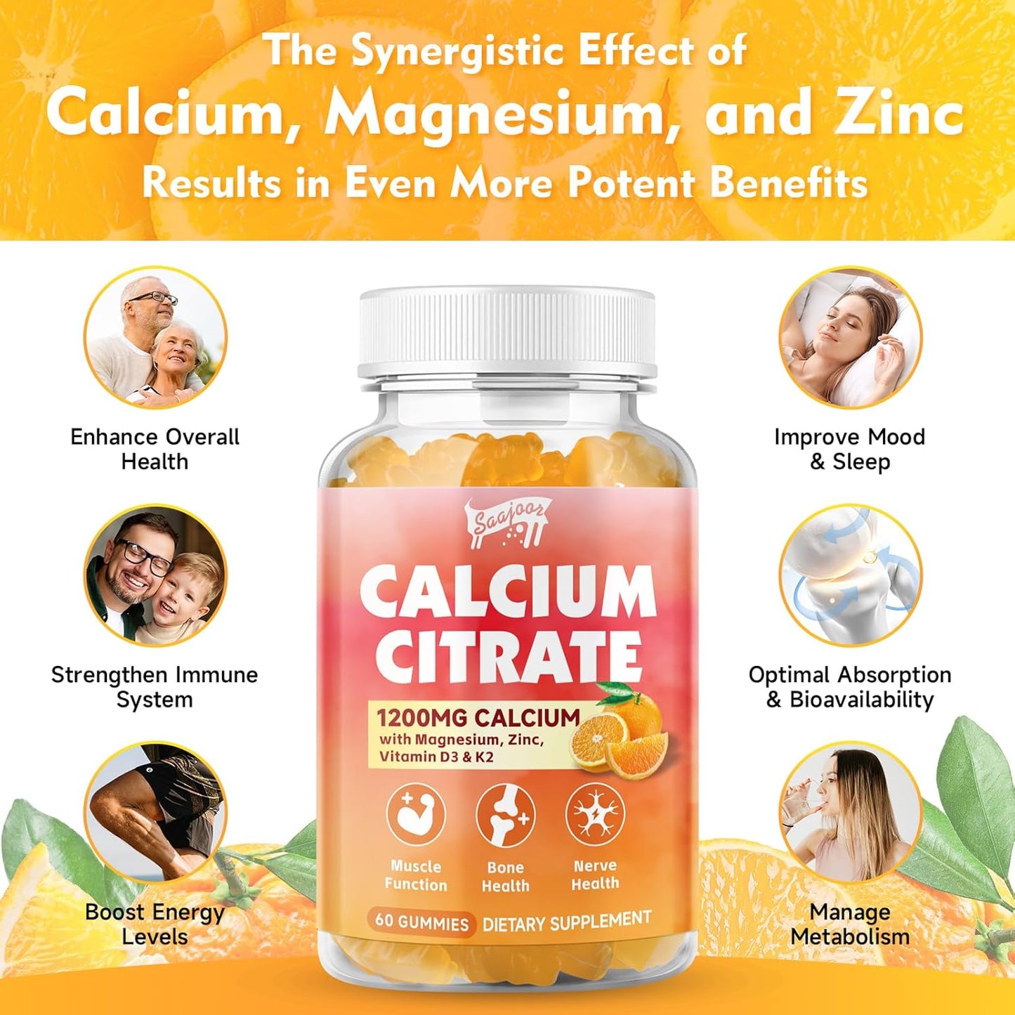 Saajoor Calcium Citrate Gummies 1200mg with Vitamin D3, K2, Magnesium & Zinc - Bone, Muscle & Joint Support, Immunity & Memory - 120 Count