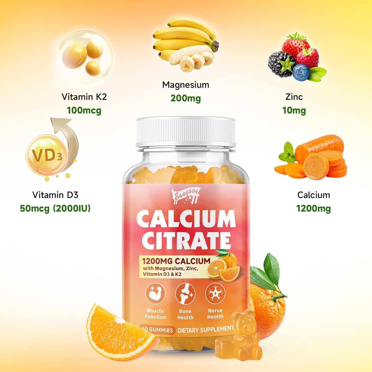 Saajoor Calcium Citrate Gummies 1200mg with Vitamin D3, K2, Magnesium & Zinc - Bone, Muscle & Joint Support, Immunity & Memory - 120 Count