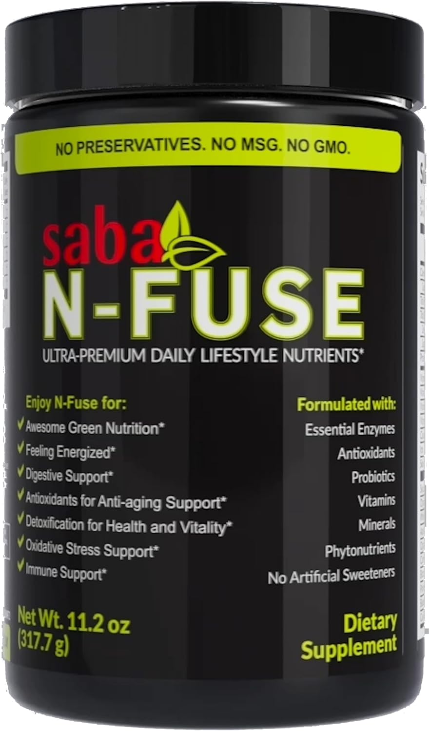 Saba N-Fuse Super Greens Powder: Boost Immune System, Digestion, Energy - 30 Servings