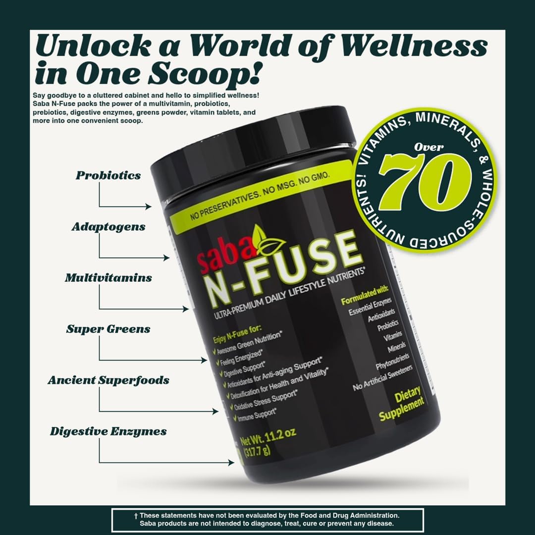 Saba N-Fuse Super Greens Powder: Boost Immune System, Digestion, Energy - 30 Servings