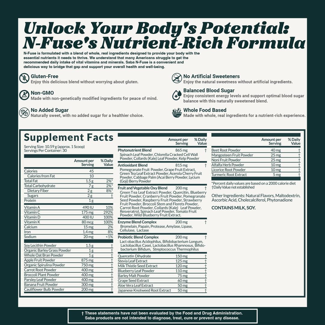 Saba N-Fuse Super Greens Powder: Boost Immune System, Digestion, Energy - 30 Servings