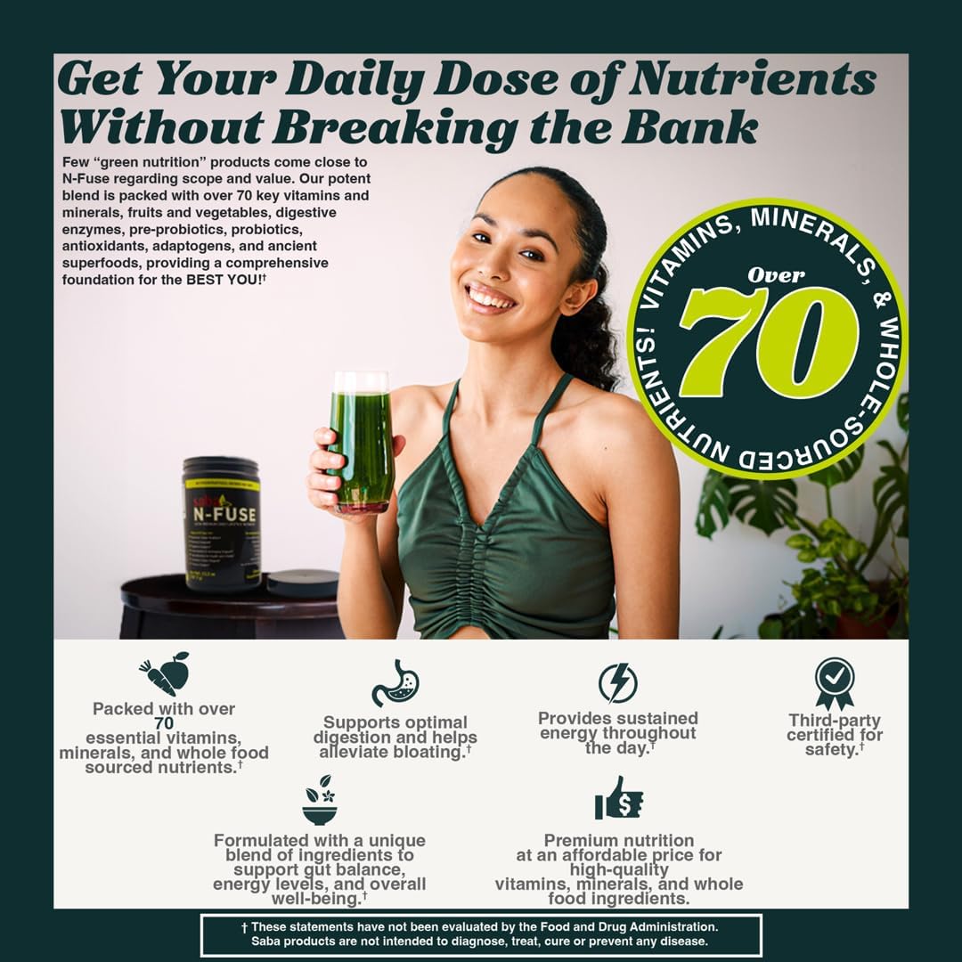 Saba N-Fuse Super Greens Powder: Boost Immune System, Digestion, Energy - 30 Servings