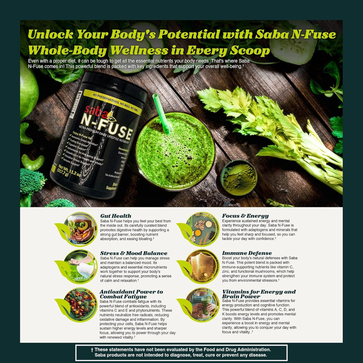 Saba N-Fuse Super Greens Powder: Boost Immune System, Digestion, Energy - 30 Servings