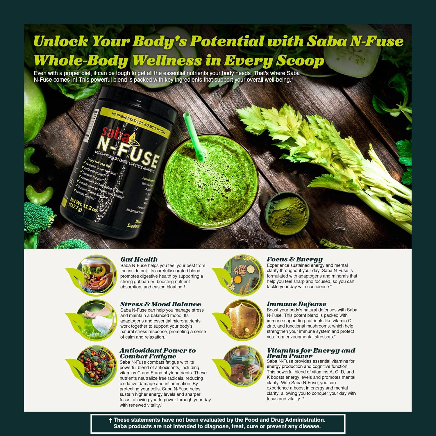 Saba N-Fuse Super Greens Powder: Boost Immune System, Digestion, Energy - 30 Servings