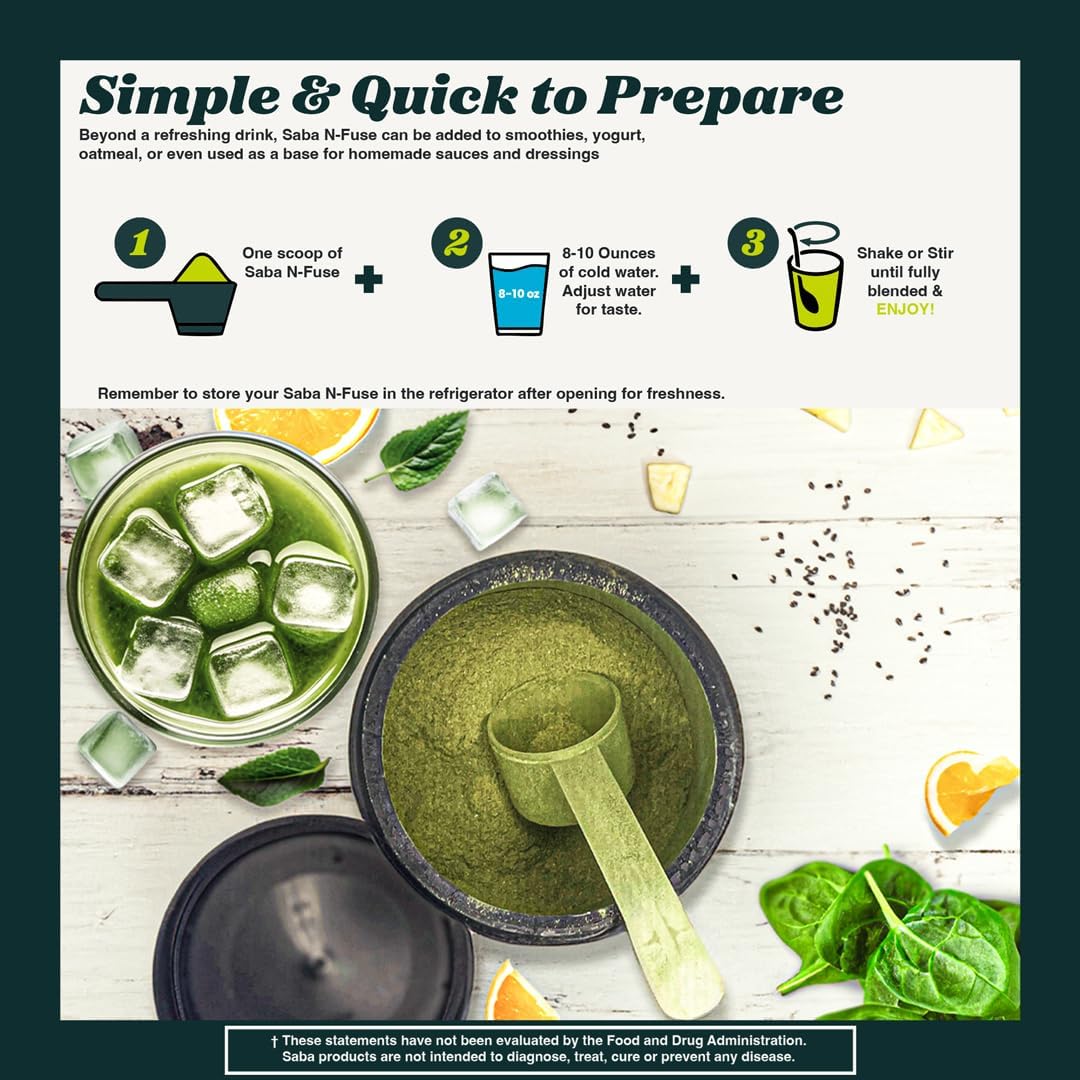 Saba N-Fuse Super Greens Powder: Boost Immune System, Digestion, Energy - 30 Servings