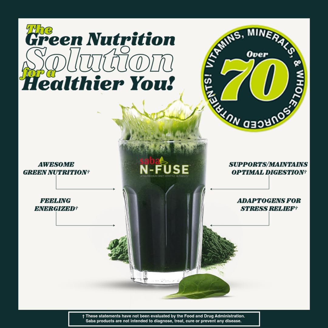 Saba N-Fuse Super Greens Powder: Boost Immune System, Digestion, Energy - 30 Servings