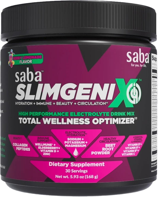 Saba SlimGenix IQ Berry Lemonade Drink Mix - 4-in-1 Hydration, Immune Support, Circulation, Beauty - 30 Servings