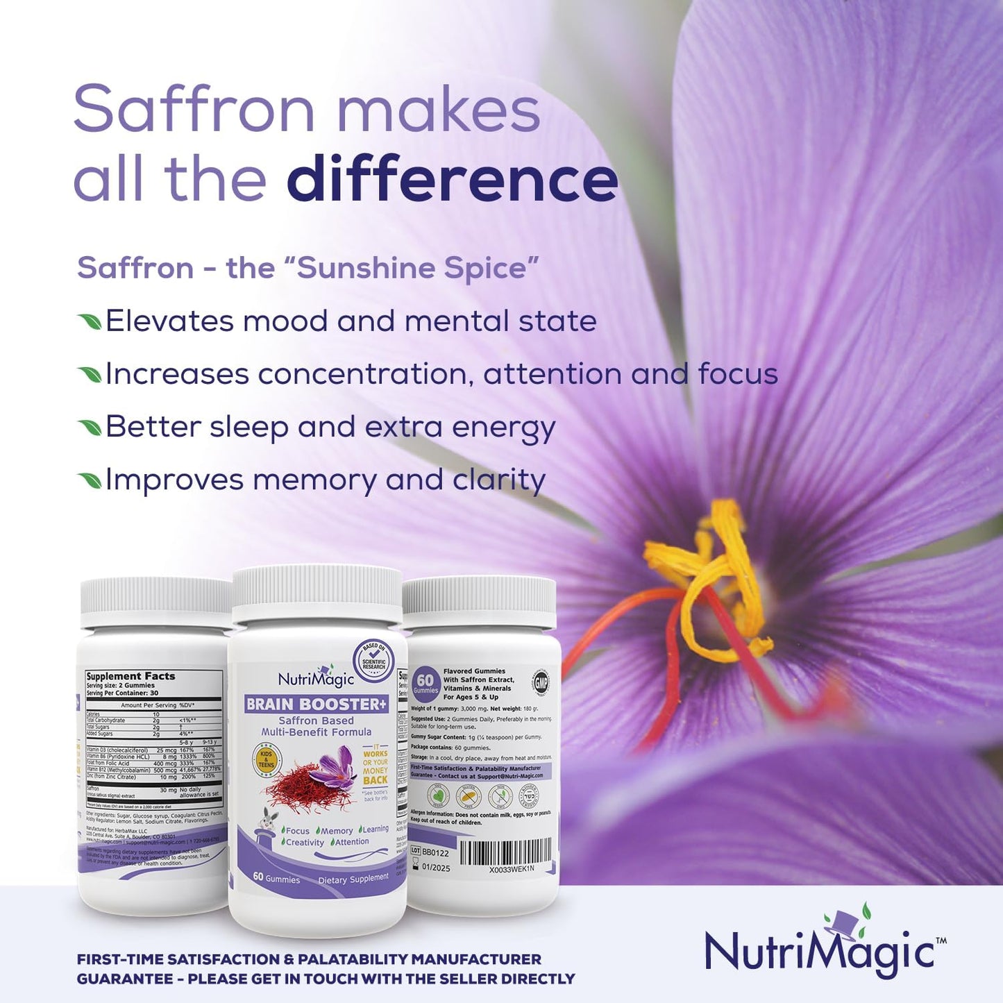 Saffron Extract Nootropic & Multivitamin Gummies for Kids - Brain Booster with Vitamin D3, B6, B12, Zinc - Focus, Memory, Attention, Mood Support - 60 Gummies