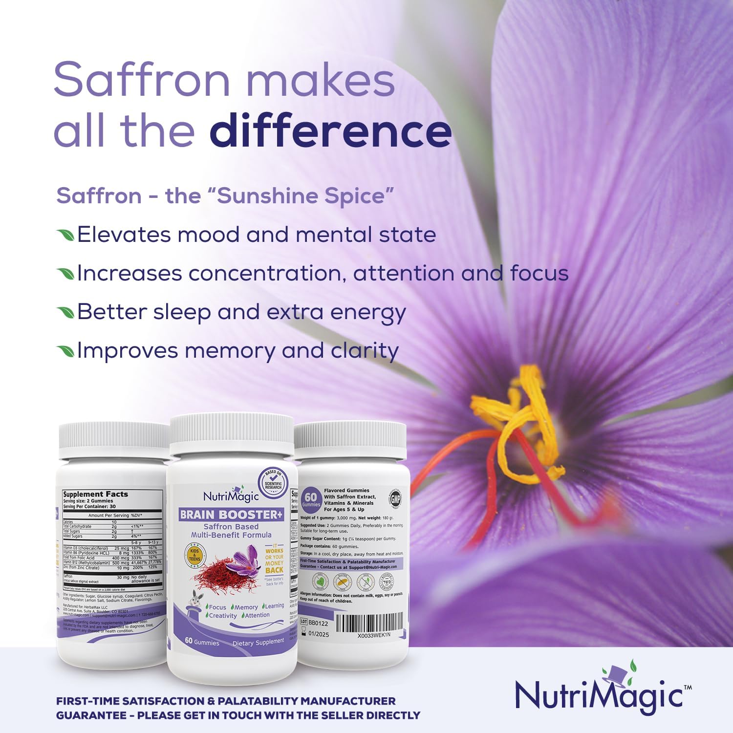 Saffron Extract Nootropic & Multivitamin Gummies for Kids - Brain Booster with Vitamin D3, B6, B12, Zinc - Focus, Memory, Attention, Mood Support - 60 Gummies