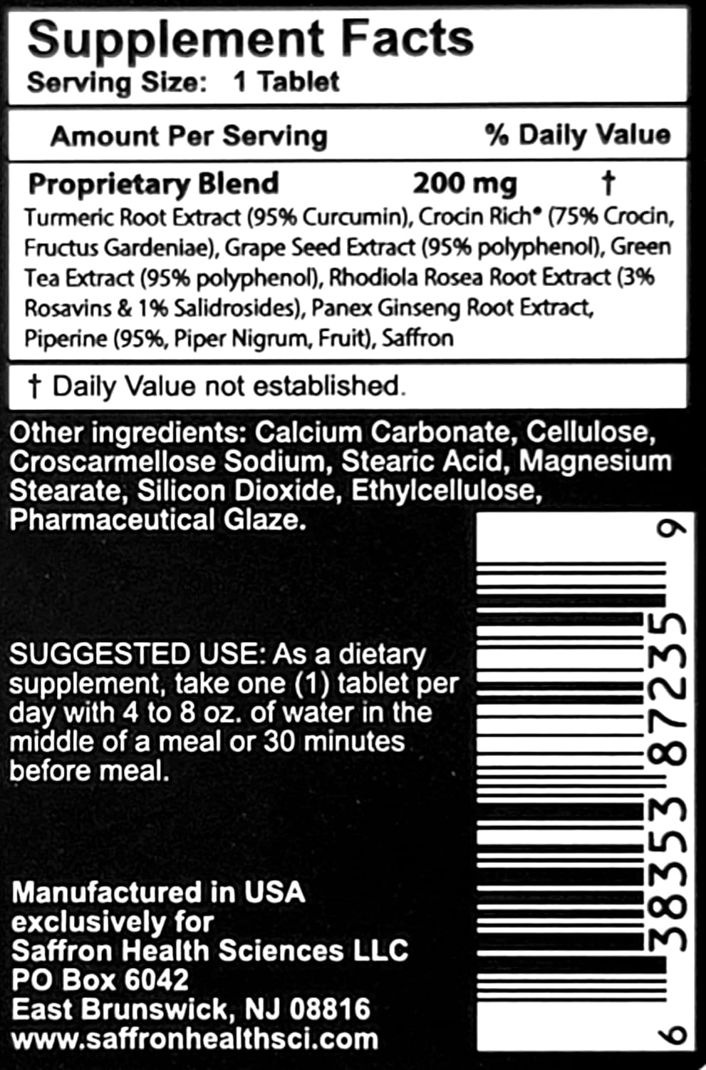 Saffron Health Sciences Crocin Rich Nootropic Brain Supplement - High-Potency Formula for Memory, Focus, Learning, Mood, & Cognitive Support - 60 Tablets