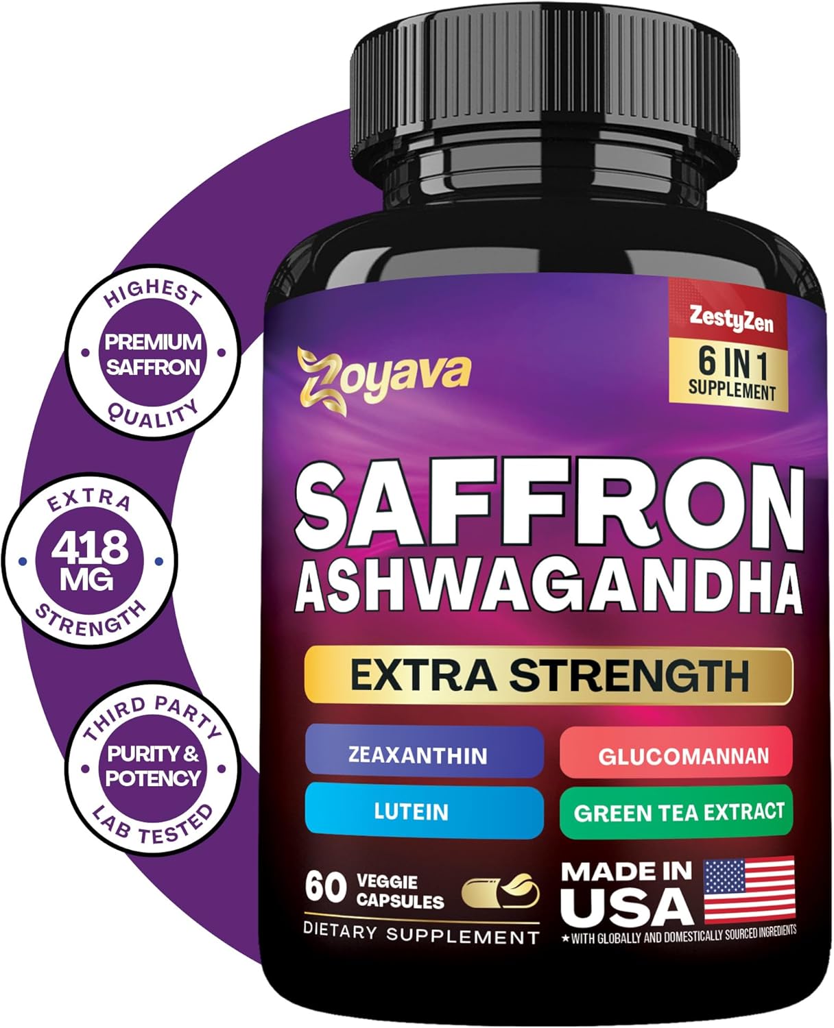 Saffron Mood & Vision Capsules with Glucomannan, Ashwagandha, Green Tea, Lutein & Zeaxanthin - 2 Month Supply