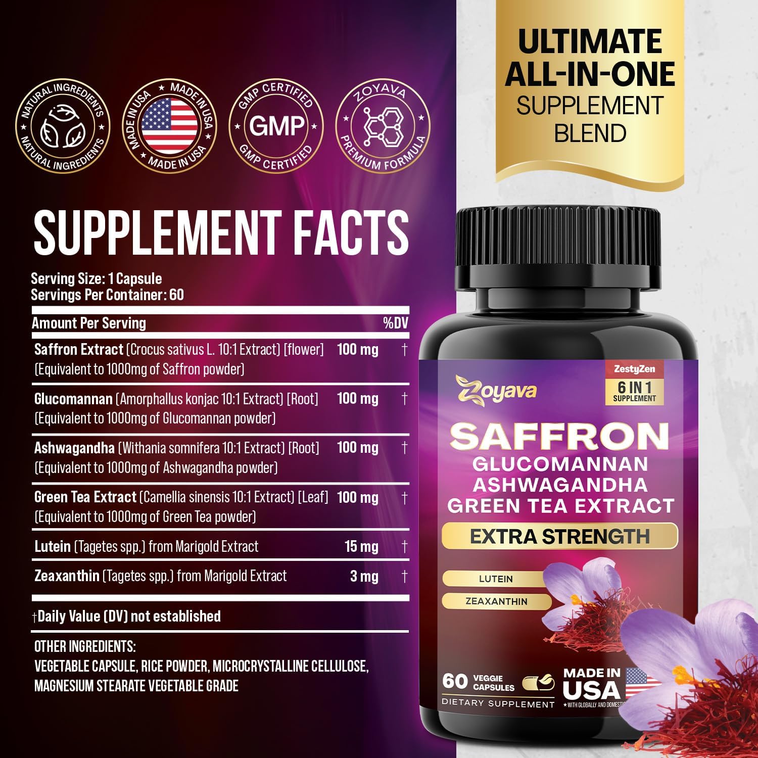 Saffron Mood & Vision Capsules with Glucomannan, Ashwagandha, Green Tea, Lutein & Zeaxanthin - 2 Month Supply