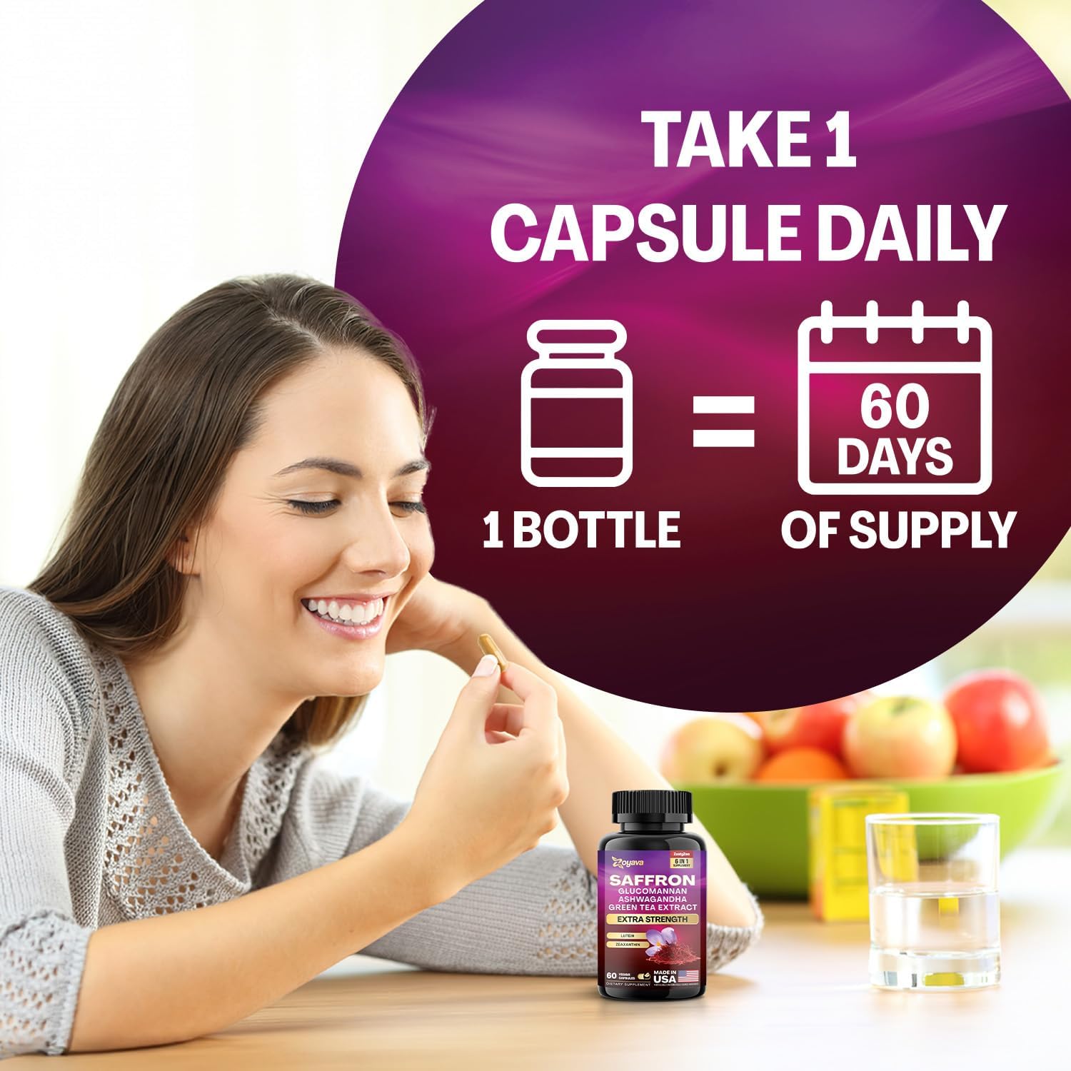 Saffron Mood & Vision Capsules with Glucomannan, Ashwagandha, Green Tea, Lutein & Zeaxanthin - 2 Month Supply