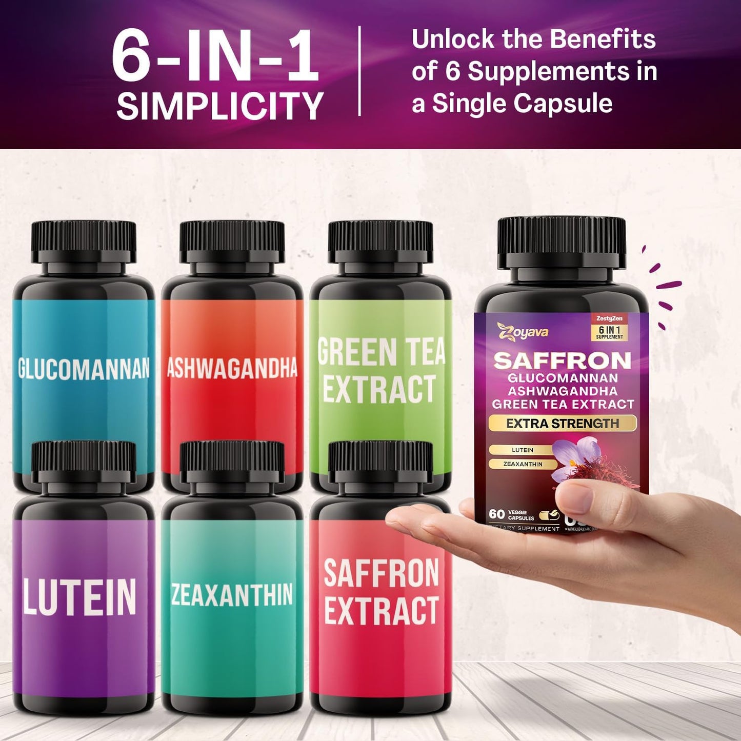 Saffron Mood & Vision Capsules with Glucomannan, Ashwagandha, Green Tea, Lutein & Zeaxanthin - 2 Month Supply