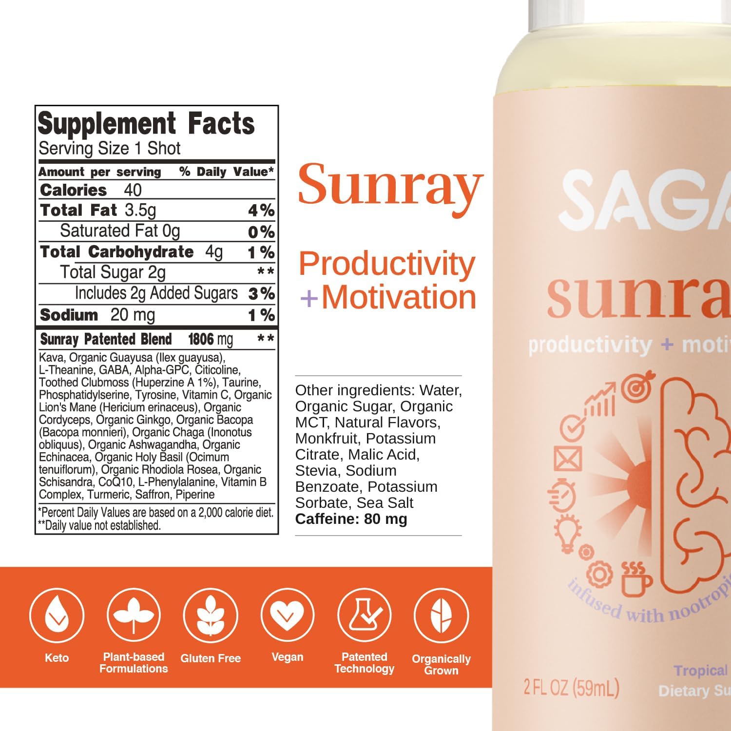 SAGA Organic Primal Focus Chai Latte Shots - Nootropics, Mushrooms, & Kava for Energy & Clarity - 18-Pack with High Bioavailability