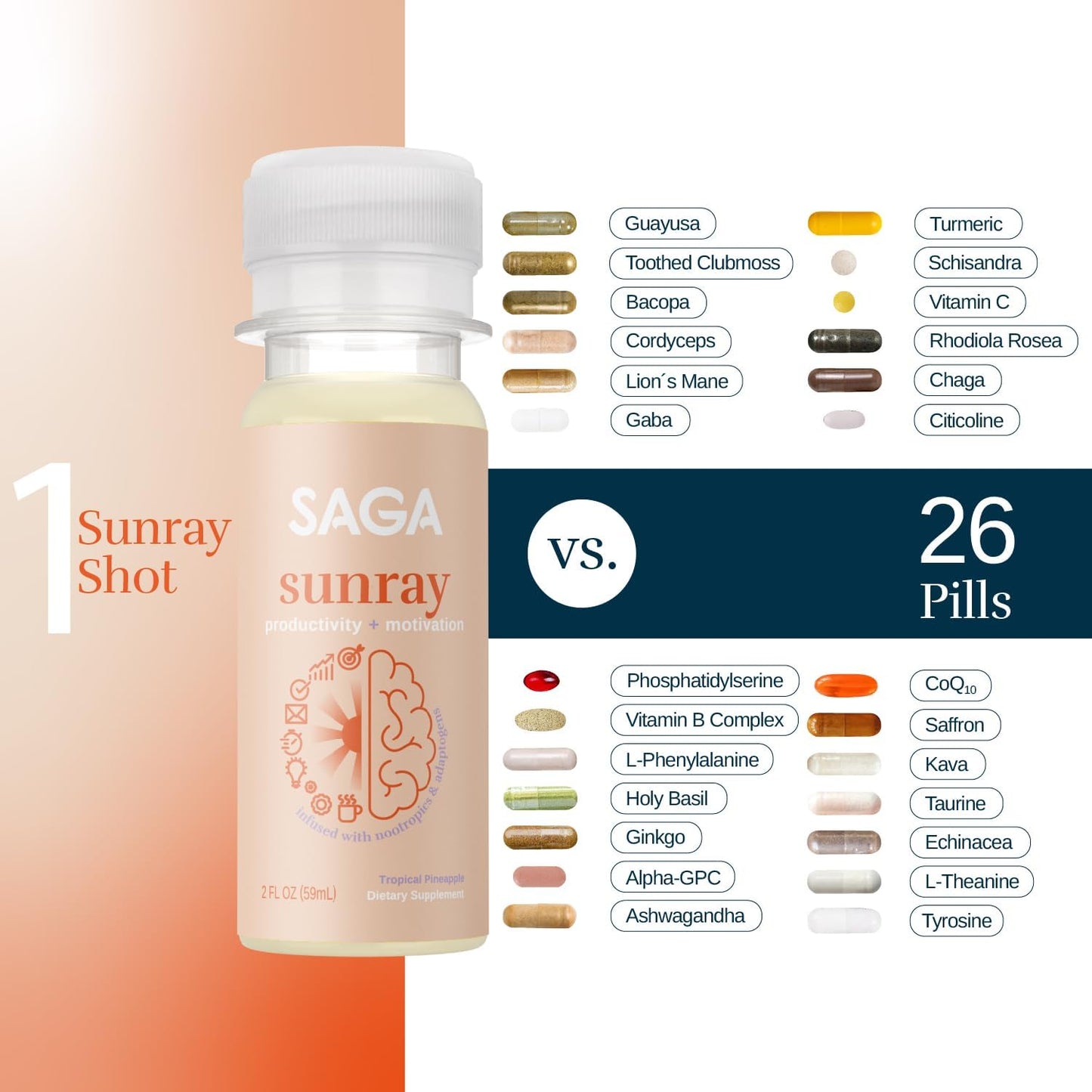 SAGA Organic Primal Focus Chai Latte Shots - Nootropics, Mushrooms, & Kava for Energy & Clarity - 18-Pack with High Bioavailability