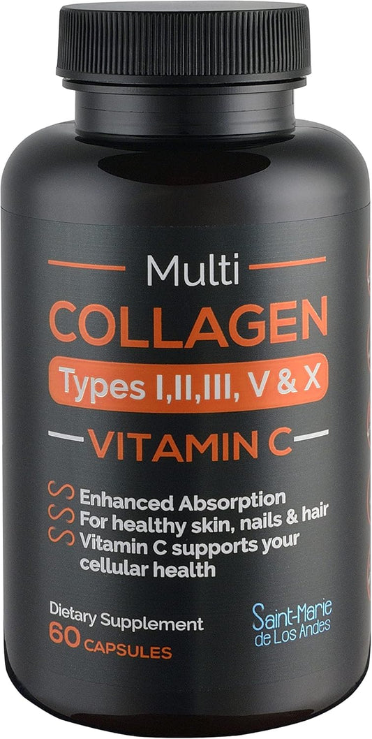 Saint-Marie de los Andes Multi Collagen Pills with Vitamin C - Collagen Supplements for Hair, Skin, Nails, Joints, & Gut Health - 1 Month Supply