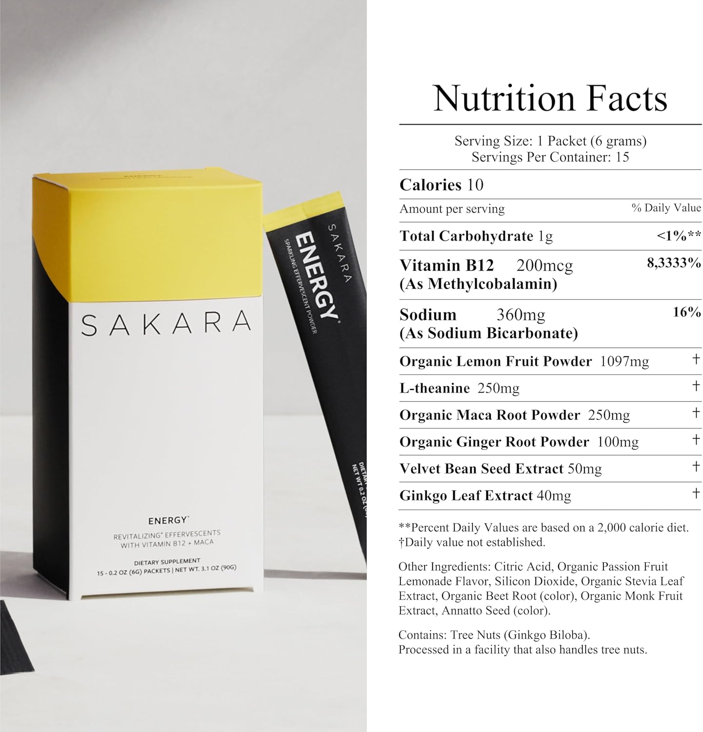 SAKARA Energy Effervescents, 15 Packets - Electrolytes Powder with Vitamin B12 & L Theanine, Sugar-Free Hydration & Energy Drink Powder