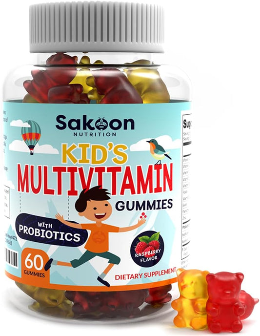 Sakoon Nutrition Kids Multivitamin Gummies with Probiotics - 60 Count, Raspberry Flavor - Vegetarian, Non-GMO, Gluten Free, Halal Children's Supplement
