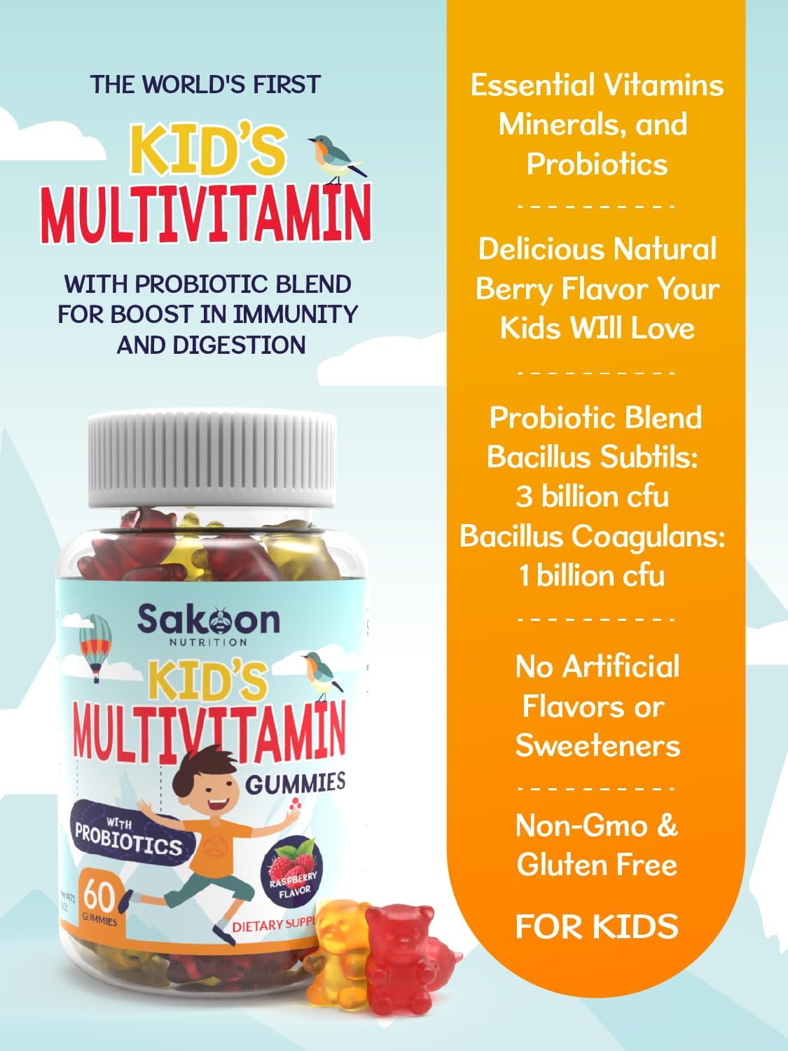 Sakoon Nutrition Kids Multivitamin Gummies with Probiotics - 60 Count, Raspberry Flavor - Vegetarian, Non-GMO, Gluten Free, Halal Children's Supplement