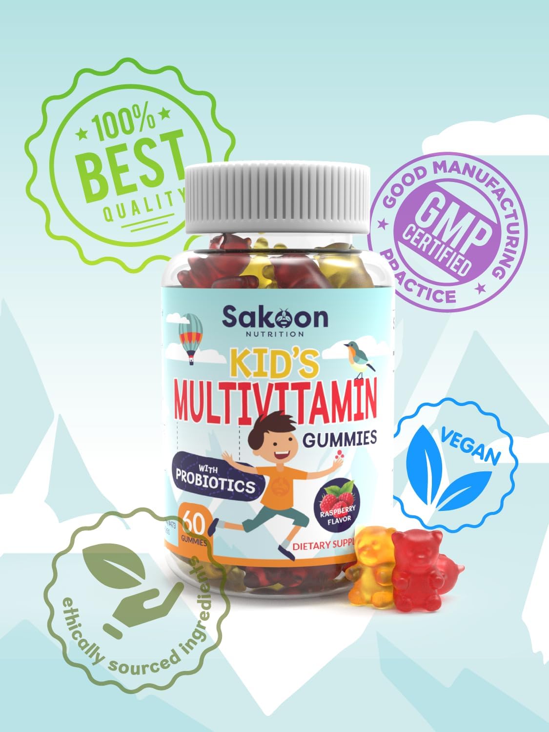 Sakoon Nutrition Kids Multivitamin Gummies with Probiotics - 60 Count, Raspberry Flavor - Vegetarian, Non-GMO, Gluten Free, Halal Children's Supplement