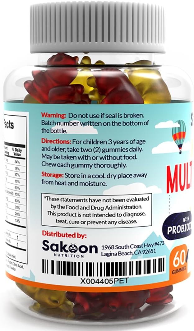 Sakoon Nutrition Kids Multivitamin Gummies with Probiotics - 60 Count, Raspberry Flavor - Vegetarian, Non-GMO, Gluten Free, Halal Children's Supplement