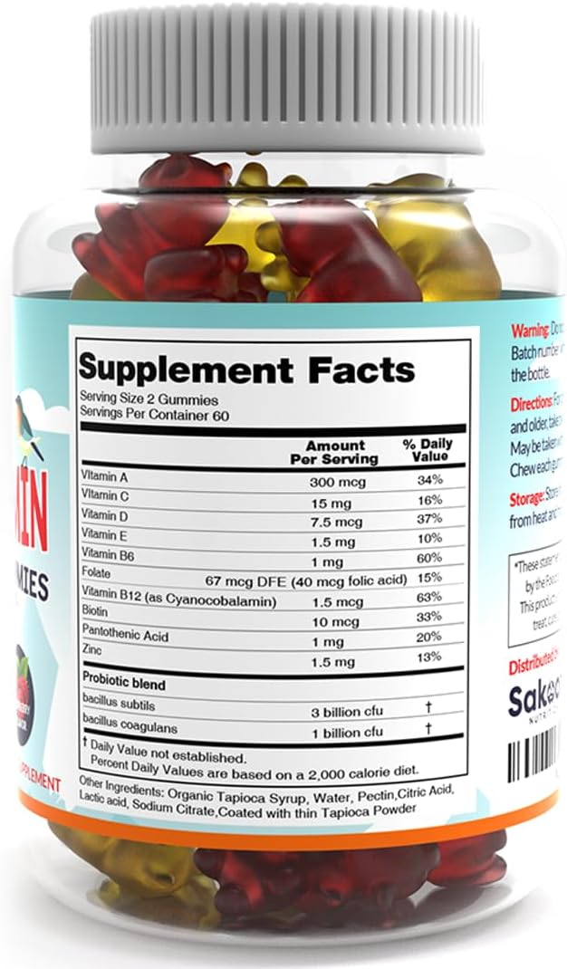 Sakoon Nutrition Kids Multivitamin Gummies with Probiotics - 60 Count, Raspberry Flavor - Vegetarian, Non-GMO, Gluten Free, Halal Children's Supplement