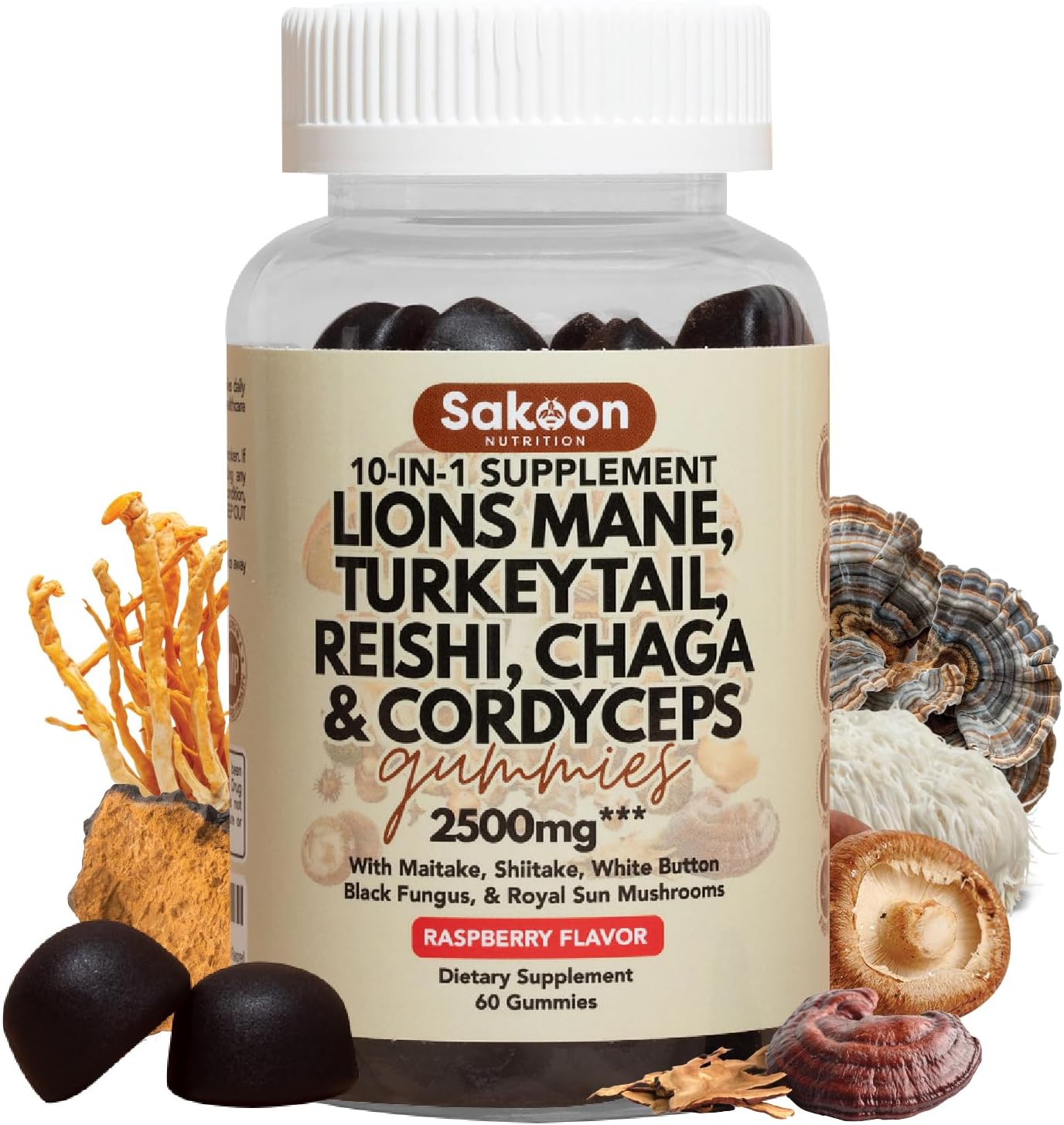 Sakoon Nutrition Lions Mane Mushroom Gummies - 2500mg, 60 Count, Raspberry Flavored with Turkey Tail, Reishi, and More