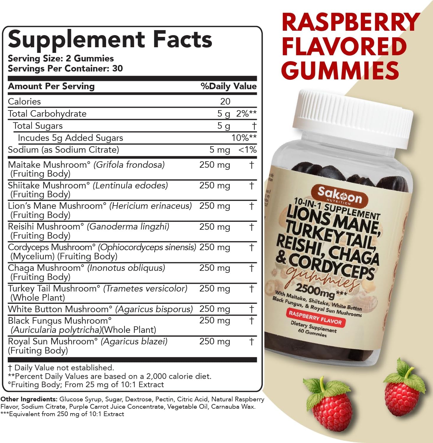 Sakoon Nutrition Lions Mane Mushroom Gummies - 2500mg, 60 Count, Raspberry Flavored with Turkey Tail, Reishi, and More