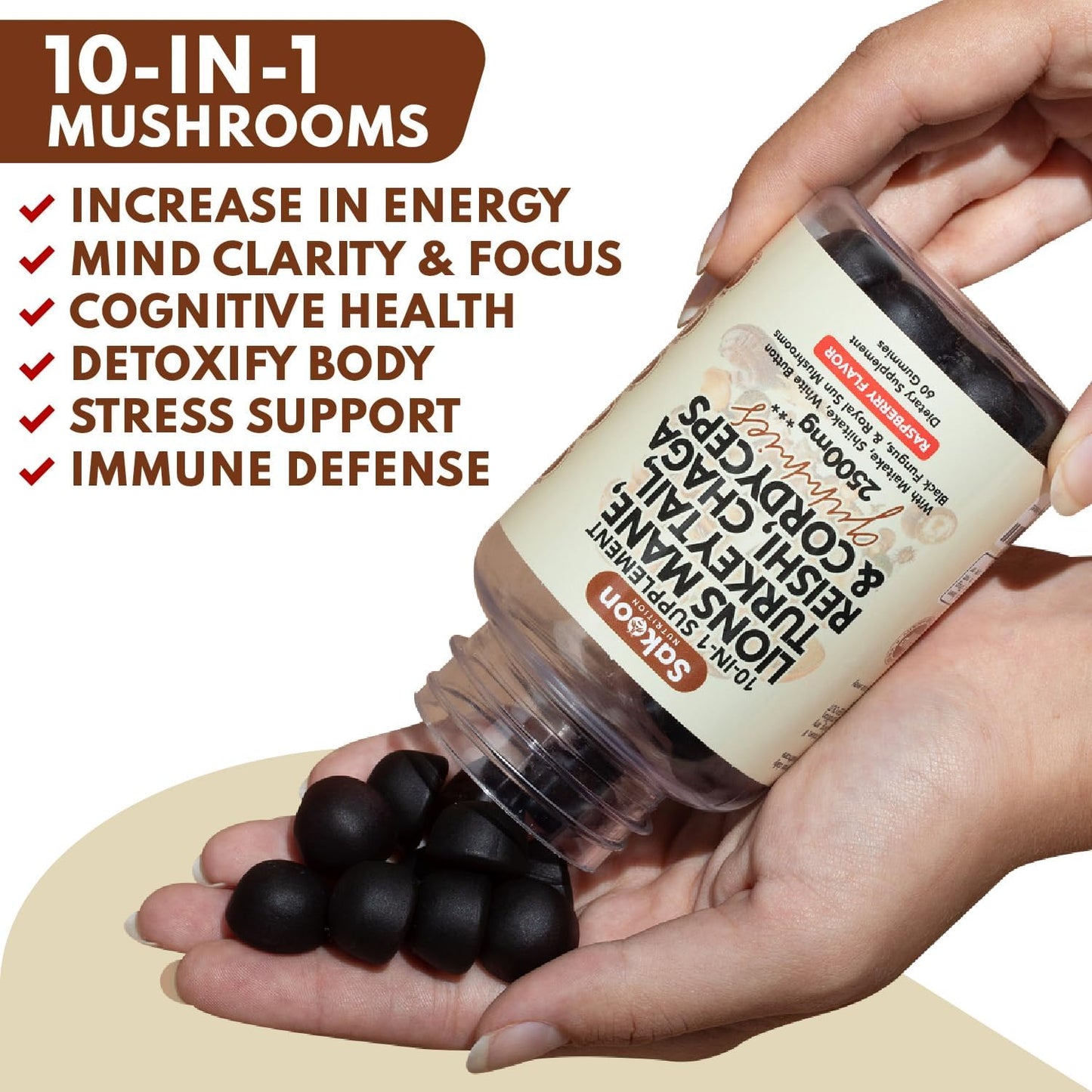 Sakoon Nutrition Lions Mane Mushroom Gummies - 2500mg, 60 Count, Raspberry Flavored with Turkey Tail, Reishi, and More