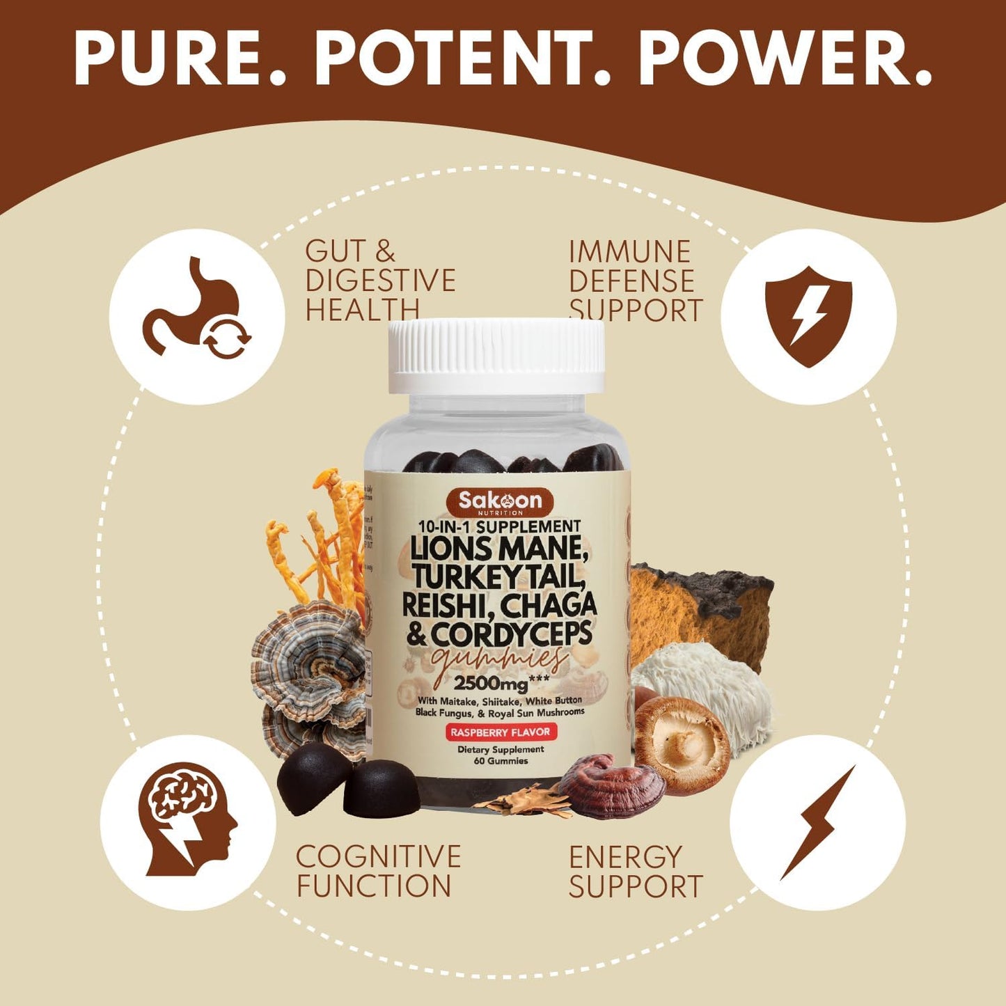 Sakoon Nutrition Lions Mane Mushroom Gummies - 2500mg, 60 Count, Raspberry Flavored with Turkey Tail, Reishi, and More