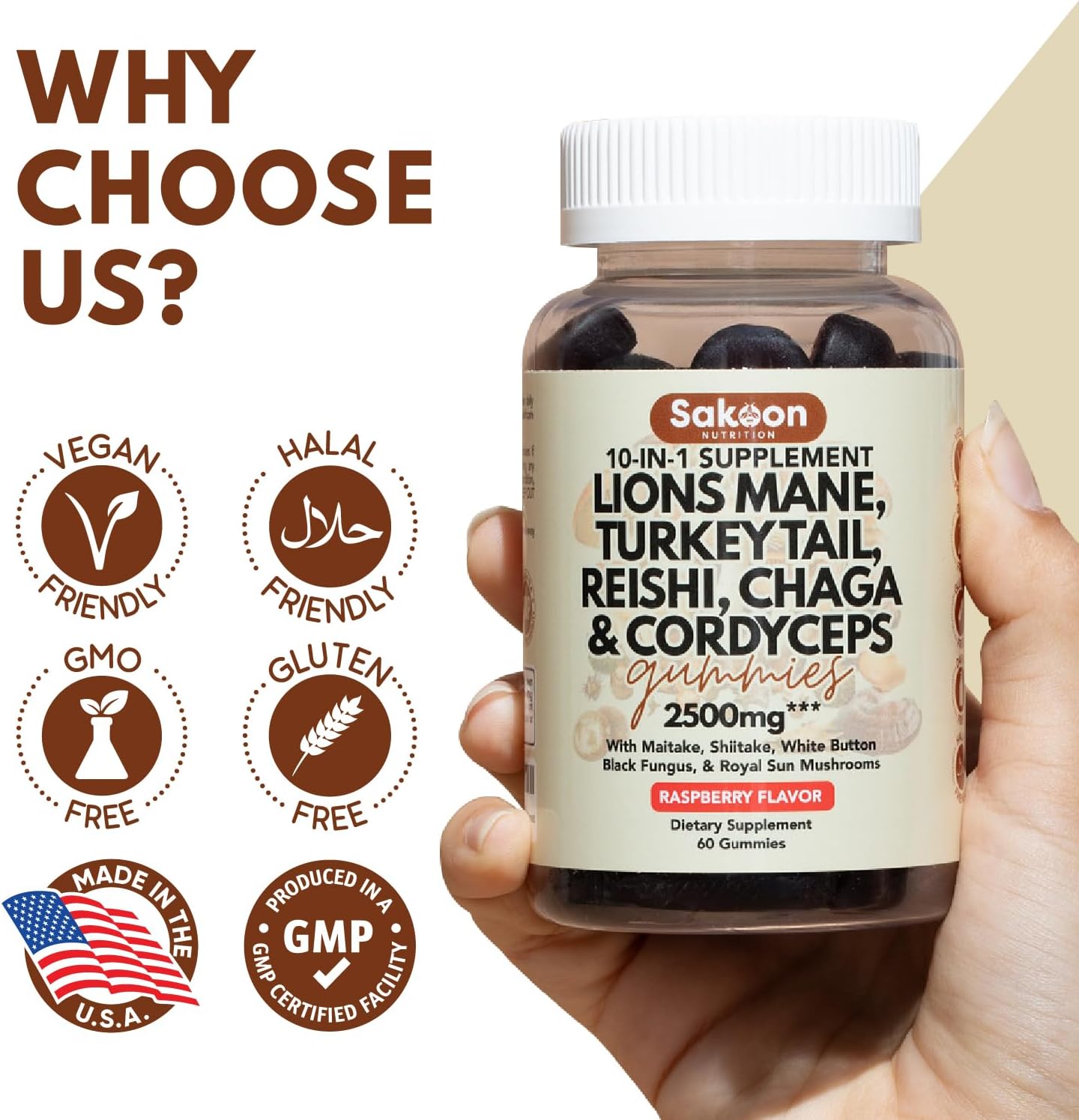 Sakoon Nutrition Lions Mane Mushroom Gummies - 2500mg, 60 Count, Raspberry Flavored with Turkey Tail, Reishi, and More