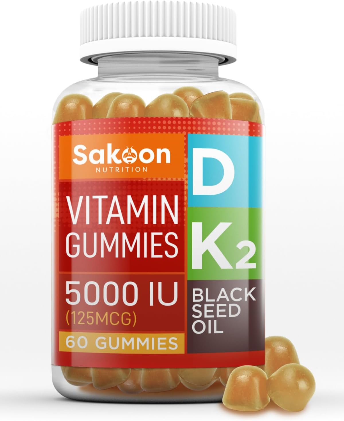 Sakoon Nutrition Vitamin D3 K2 Gummy Supplement with Black Seed Oil for Bone, Muscle, Immune Support - Non-GMO, Gluten Free - 60 Chewables