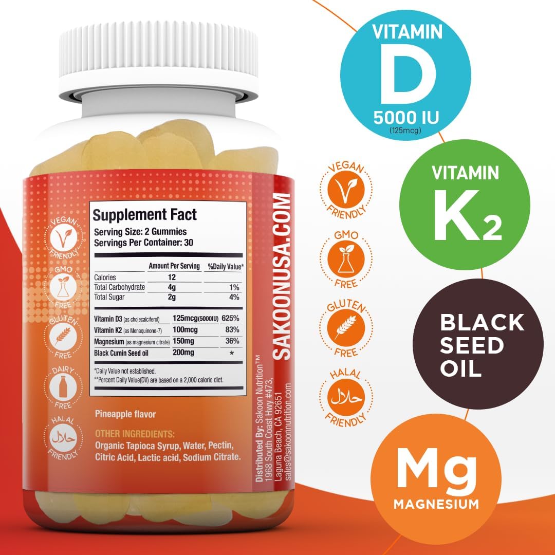 Sakoon Nutrition Vitamin D3 K2 Gummy Supplement with Black Seed Oil for Bone, Muscle, Immune Support - Non-GMO, Gluten Free - 60 Chewables