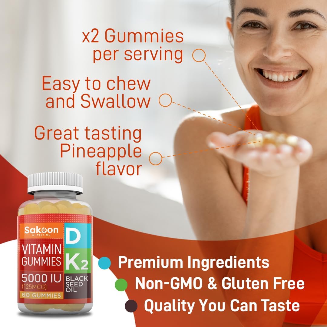 Sakoon Nutrition Vitamin D3 K2 Gummy Supplement with Black Seed Oil for Bone, Muscle, Immune Support - Non-GMO, Gluten Free - 60 Chewables