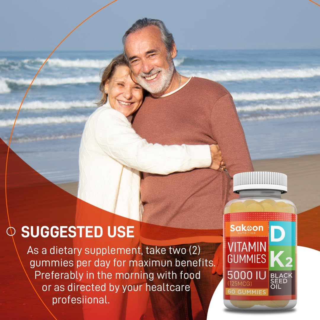 Sakoon Nutrition Vitamin D3 K2 Gummy Supplement with Black Seed Oil for Bone, Muscle, Immune Support - Non-GMO, Gluten Free - 60 Chewables