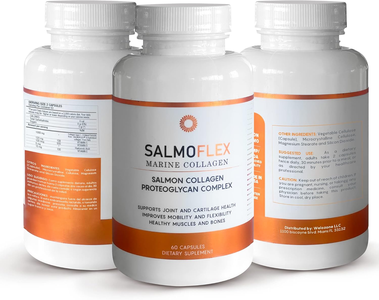 Salmon Collagen Supplement with Hyaluronic Acid, Vitamin C, D, E - Bone & Joint Support - Hair, Skin, Nails Vitamins - 180 Capsules
