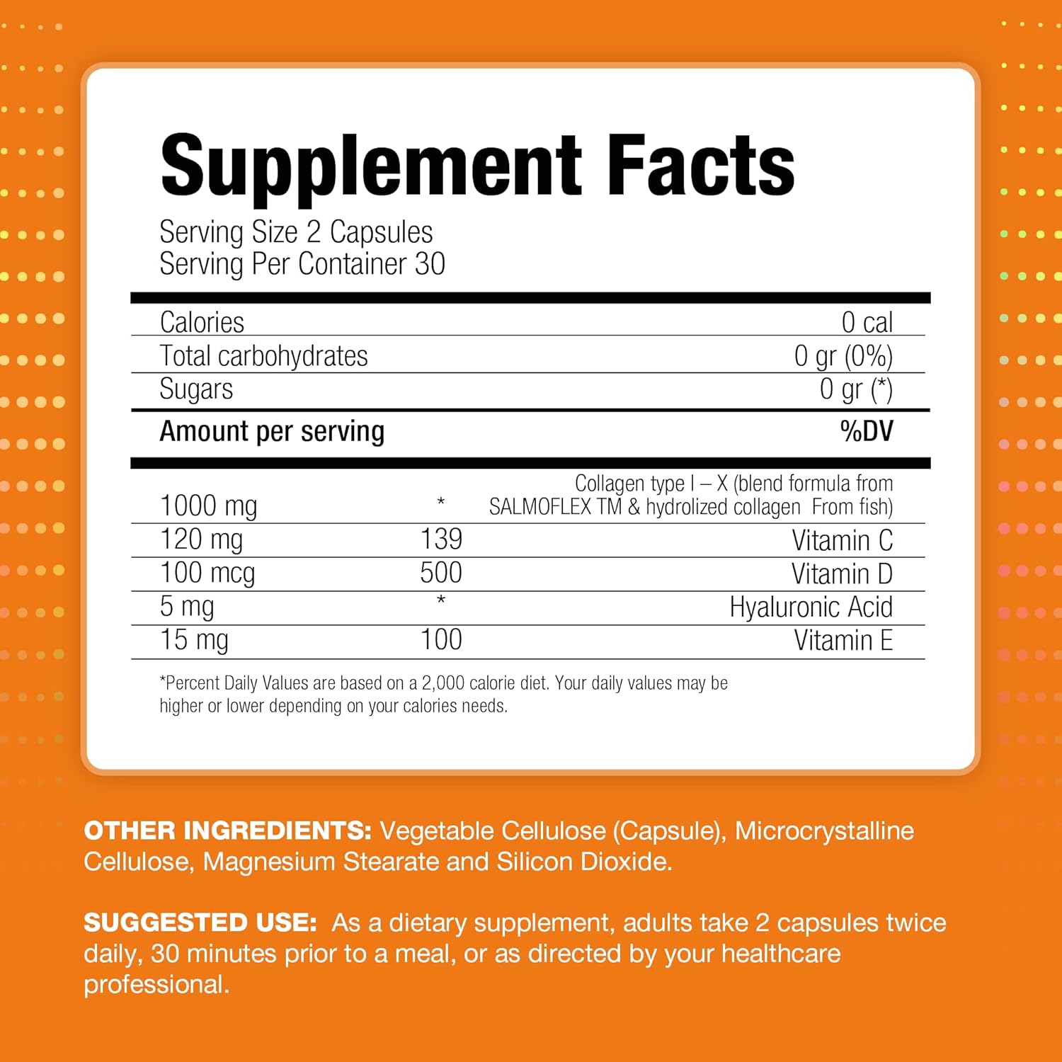 Salmon Collagen Supplement with Hyaluronic Acid, Vitamin C, D, E - Bone & Joint Support - Hair, Skin, Nail Vitamins - 60 Capsules (2 Pack)